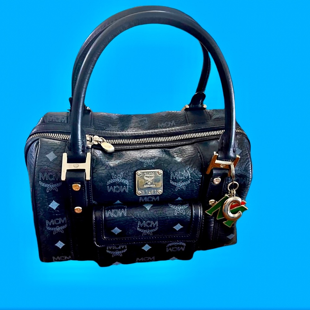 MCM Monogram Visetos BOSTON Black bag with MCM Keychain logo. 100% Authentic.